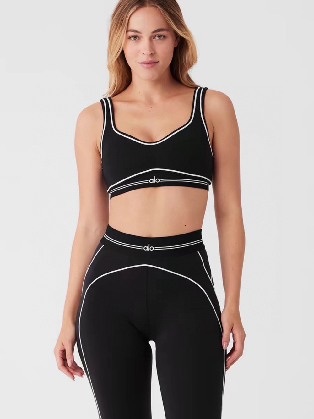 ALO Yoga Black Sports Bra with White Piping